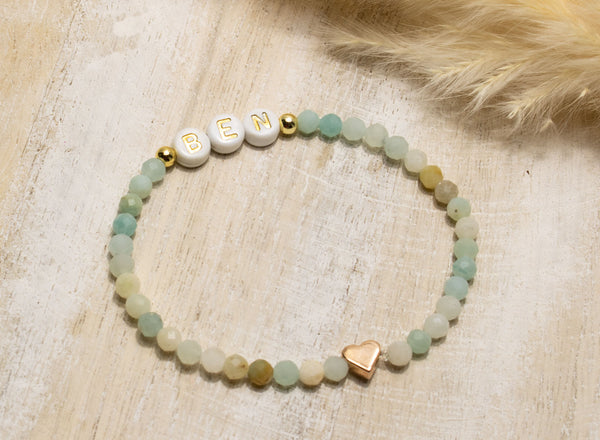 Amazonit Armband, Personalisiert , 18K vergoldete Perlen, Namensarmband