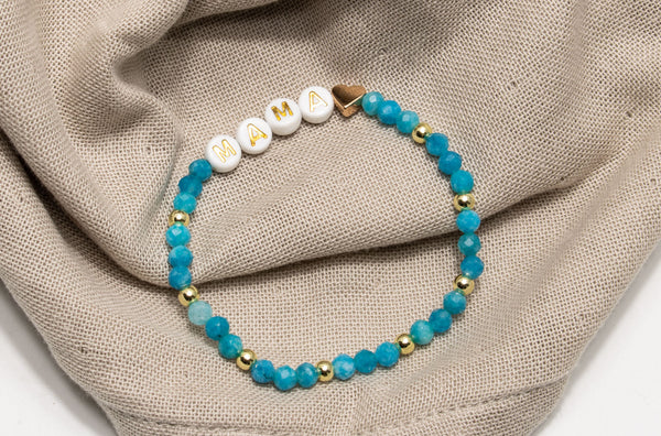 Blauer Chalcedon Armband, Personalisiert , 18K vergoldete Perlen, Namensarmband