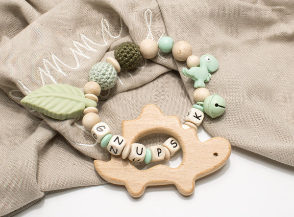 Dino Kinderwagenkette Wagenkette einzeln oder als Spar Set oliv/mint natur Holz Greifling