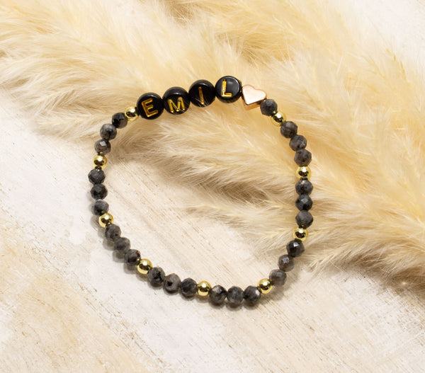 Labradorit Armband, Personalisiert , 18K vergoldete Perlen, Namensarmband , mit Namen