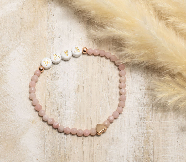 rosa Opal Armband, Personalisiert , 18K vergoldete Perlen, Namensarmband