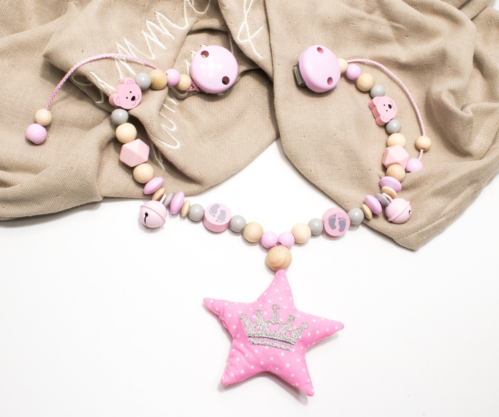 Kinderwagenkette rosa grau Mädchen, Wagenkette mit Stern