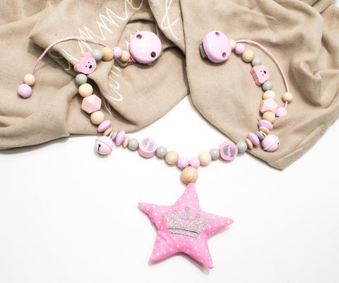 Kinderwagenkette rosa grau Mädchen, Wagenkette mit Stern