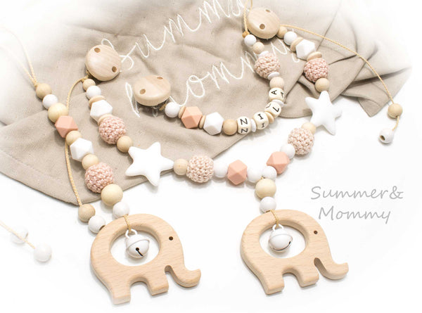 Kinderwagenkette Wagenkette apricot-natur Schnullerkette oder als Spar Set Grau natur Holz Elefant Greifling