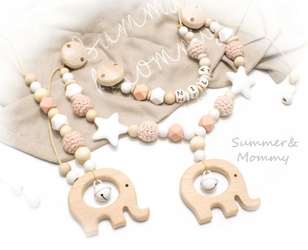 Kinderwagenkette Wagenkette apricot-natur Schnullerkette oder als Spar Set Grau natur Holz Elefant Greifling