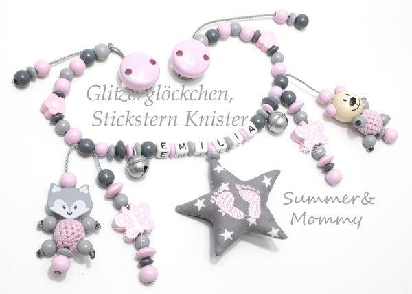 Kinderwagenkette Fuchs Teddy in rosa-grau mit Wunschnamen